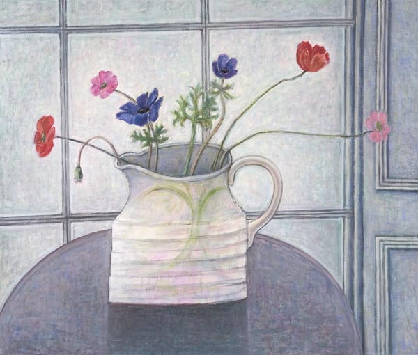 Anemones and Poppies, 2008 (oil on canvas) jug; flowers; still life; inetrior; window; table; white  von Ruth  Addinall