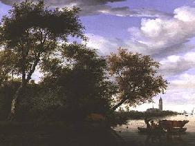 Wooded river landscape with figures and cattle on a ferryboat
