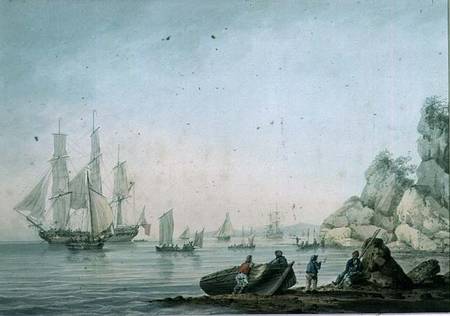 Marine View, with boat and figures on a shore von Samuel Atkins