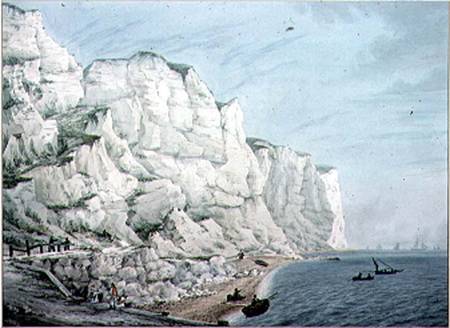 Study of Cliffs: Sailing Vessels in the Offing and Small Boats with Figures near Shore von Samuel Atkins