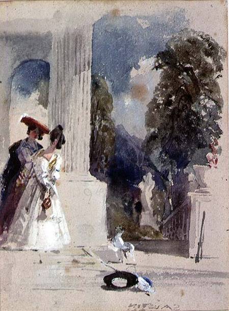 Two Ladies standing beside a Pillared Portico von Samuel Austin