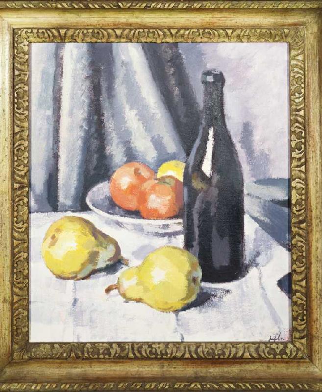 Äpfel, Birnen und eine Flasche. von Samuel John Peploe