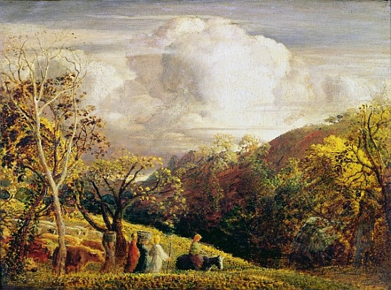 Landscape, figures and cattle (w/c and bodycolour on paper) von Samuel Palmer