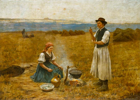 Ungarisches Bauernpaar beim Bereiten des Abendmahls. von Sandor Bihàri