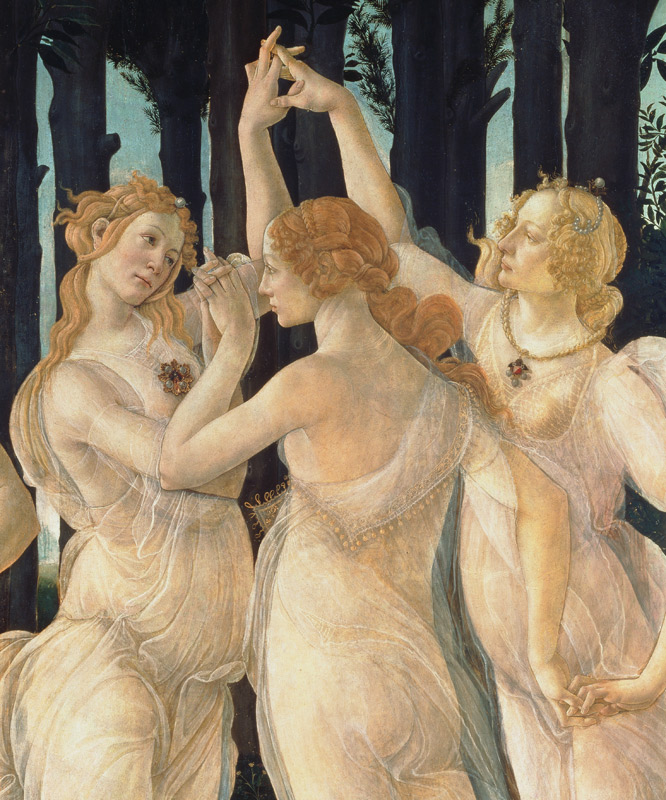 Primavera (Frühling). Detail: Die drei Grazien, rechts - Porträt von Caterina Sforza von Sandro Botticelli