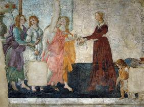 Venus und die drei Grazien übergeben einer jungen Frau Geschenke 1484/86
