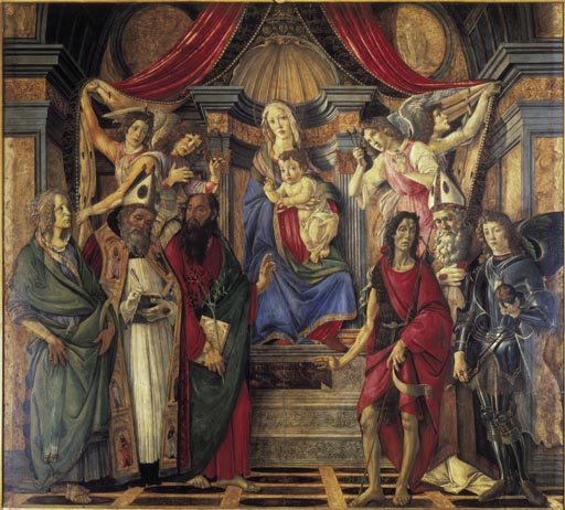 Thronende Madonna mit dem Kinde, Engeln und den Heiligen Katharina von Alexandrien, Augustinus, Barn von Sandro Botticelli