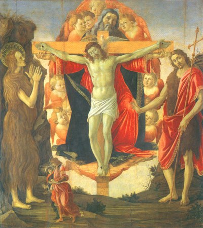 Trinität mit Maria Magdalena, Johannes dem Täufer und Tobias mit dem Engel von Sandro Botticelli