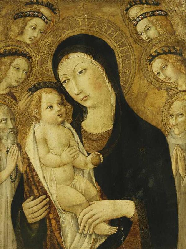 Madonna mit Kind und den Heiligen Antonius der Große und Bernhardin von Siena, umgeben von Engeln. von Sano di Pietro
