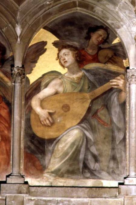 Musical angel within a trompe l'oeil cloister, detail of an angel playing a mandolin, from the inter von Santi di Tito