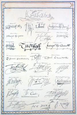 Reproduction of Signatures of the Tudors and their Court from 'Memoirs of the Court of Queen Elizabe von Sarah Countess of Essex