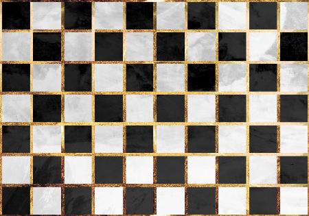 Schachbrettmuster aus schwarzem,goldfarbenem,weißem Beton
