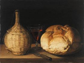 Stillleben mit Korbflasche, Kelchglas und Brot. 1630/1635