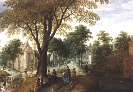 Elegant Horsemen and figures on a path in front of a chateau von Sebastian Vrancx