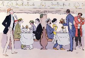 Restaurant Car in the Paris to Nice Train, 1913 (colour litho) 15th