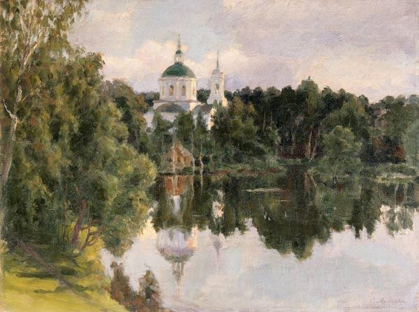 Blick über den Fluss auf ein russisches Kloster um 1910