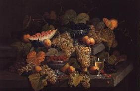 Still Life of Melon, Plums, Grapes, Peaches, Cherries, Strawberries etc on Stone Ledges