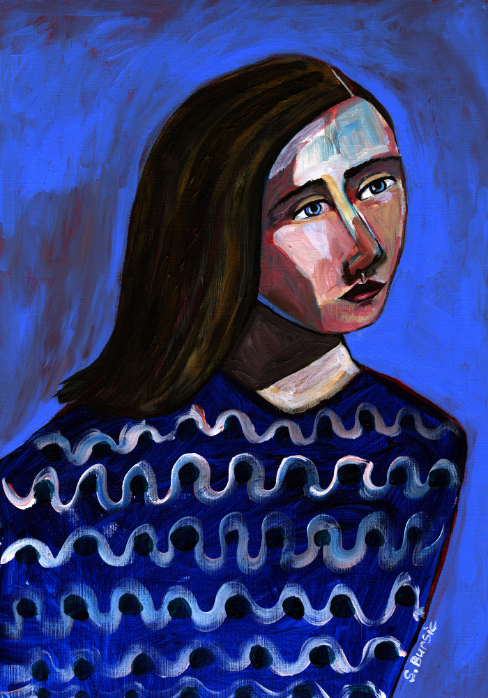 Frau im blauen Pullover Naives Porträt figurativ von Sharyn Bursic