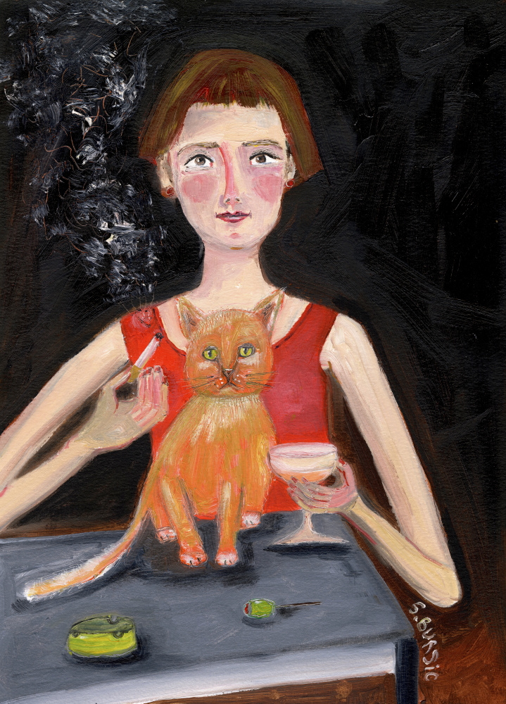 Vintage-Frau mit Cocktail und Katze von Sharyn Bursic