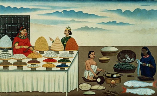 Fish seller, sweetmeat maker and sellers with their wares, Patna, c.1870 von Shiva Dayal Lal