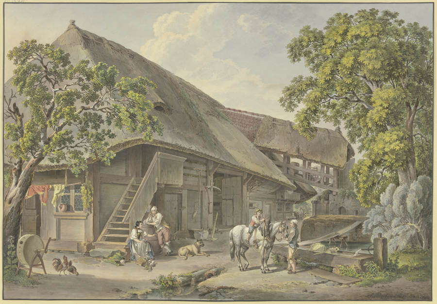 Schweizerhaus, am Brunnen Bauer mit einem Schimmel, auf dem ein Knabe reitet von Sigmund Freudenberger