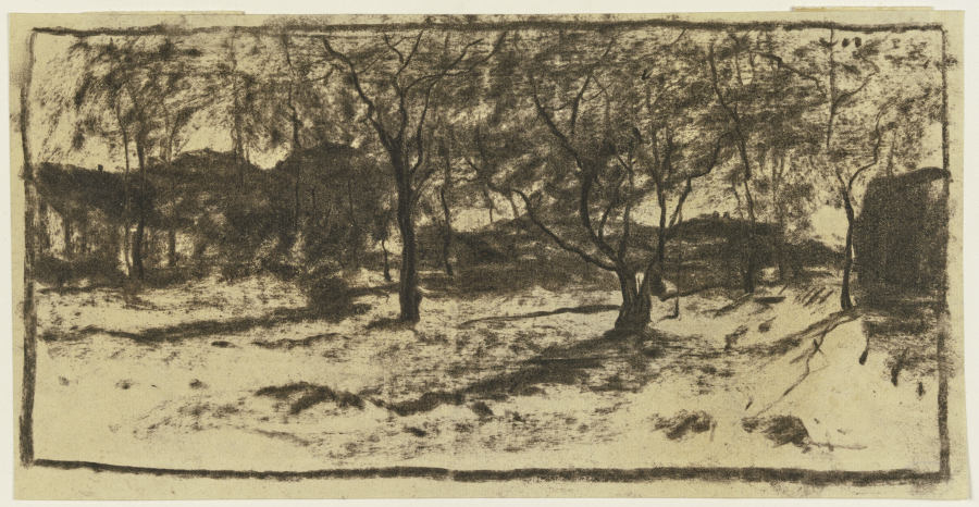 Obstbäume im Schnee, im Hintergrund Häuser von Sion Longley Wenban