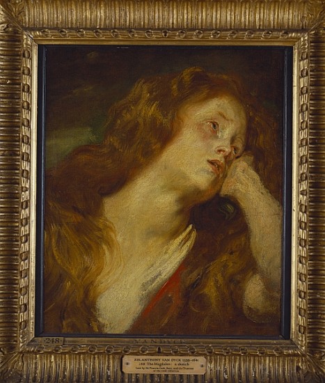 A young woman, bust length, resting her head on her hand (oil on paper laid down on panel) von Sir Anthony van Dyck