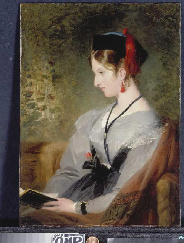 Bildnis von Elizabeth Wells (spätere Lady Dyke) in grauem Kleid mit Buch. von Sir Edwin Henry Landseer