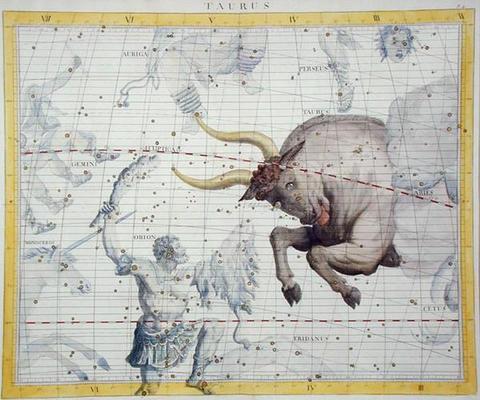 Constellation of Taurus, plate 2 from 'Atlas Coelestis', by John Flamsteed (1646-1710), published in von Sir James Thornhill