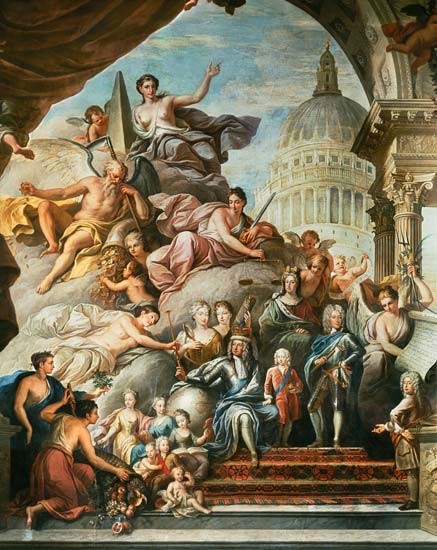 Rear wall painting of the Upper Hall glorifyng George I (1660-1727) and the House of Hanover von Sir James Thornhill