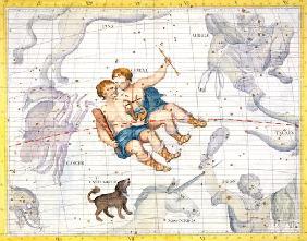Constellation of Gemini with Canis Minor, plate 13 from 'Atlas Coelestis', by John Flamsteed (1646-1 1857