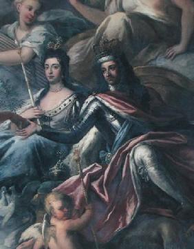 Ceiling of the Painted Hall, detail of King William III (1650-1702) and Queen Mary II (1662-94) Enth 1707-14