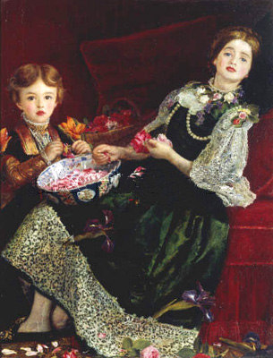 Alice Gray, die Schwägerin des Künstlers und ein kleiner Nachbarsjunge beim Abzupfen von Rosenblüten von Sir John Everett Millais