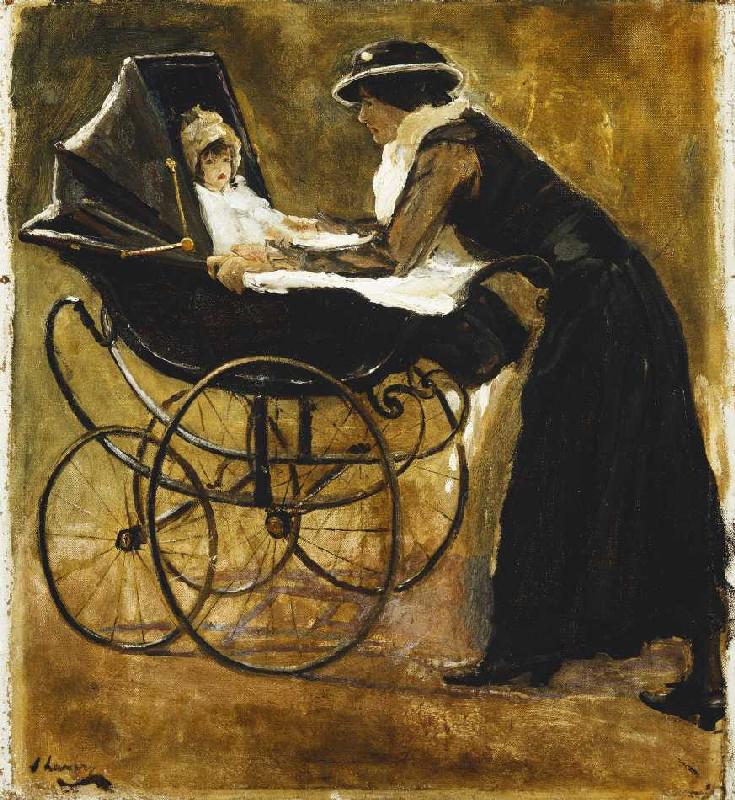 Eine junge Frau mit Baby in einem Kinderwagen. von Sir John Lavery