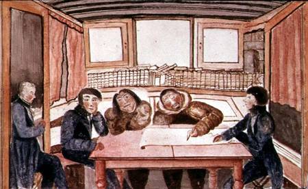 Two eskimos, Ikmalik and Apelaglui sketching the coast of King William Island on board the `Victory' von Sir John Ross