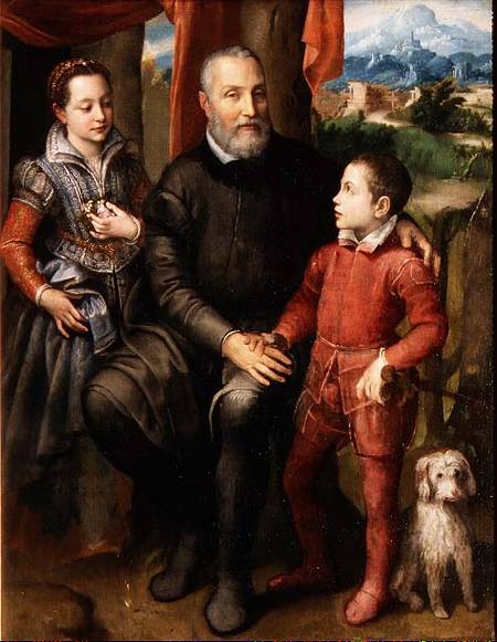 Portrait of the artist's family, Minerva (sister) Amilcare (father) and Asdrubale (brother) von Sofonisba Anguisciola