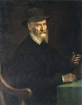 Portrait of Giulio Clovio (1498-1578), miniature artist, holding a miniature thought to be of the ar 1556