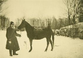 Lew Tolstoi mit Pferd in Jasnaja Poljana 1905