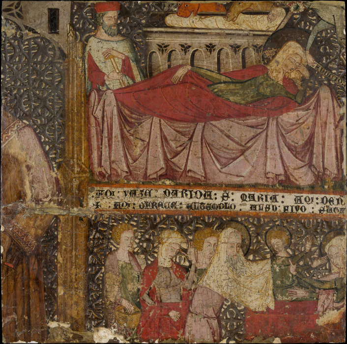 Retabel-Fragment mit stehendem Heiligen, Geburt Christi und Darstellung Christi im Tempel von Spanischer Meister der ersten Hälfte des 14. Jahrhunderts