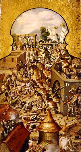 Depiction of the atrocities committed during the fighting for the conquest of the Temple Mayor and t