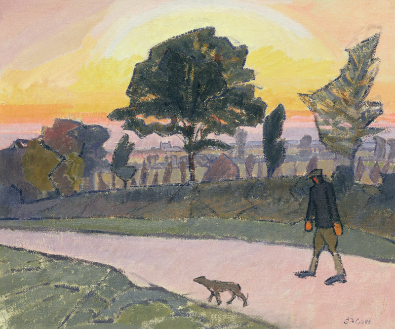 Sunset, Letchworth, with Man and Dog von Spencer Frederick Gore