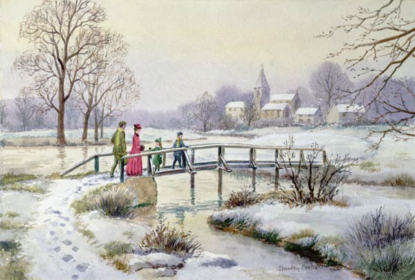 Footbridge in Winter (w/c on paper)  von Stanley  Cooke