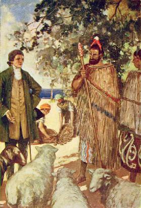 Captain Cook (1728-79) präsentiert den Eingeborenen einige Schafe und Ziegen 1931