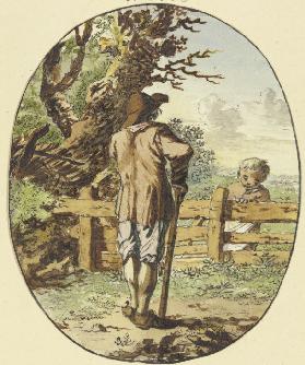 An einem Zaun steht mit dem Rücken zum Betrachter ein Mann mit einem Stock, auf der anderen Seite ei