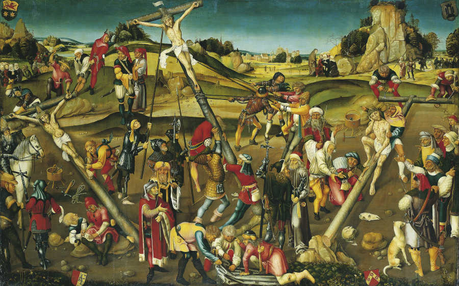 Kreuzbereitung mit rastendem Christus, Kreuzanheftung und Kreuzaufrichtung von Straßburger Meister um 1510/20