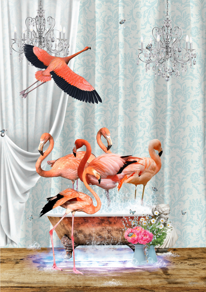 Ein Wirbel aus Flamingos und Blasen von Sue Skellern