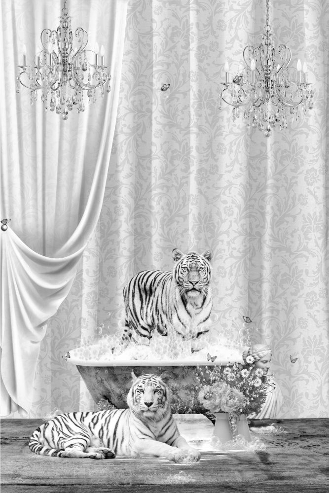 Weiße Tiger und Blasen in Schwarz und Weiß von Sue Skellern
