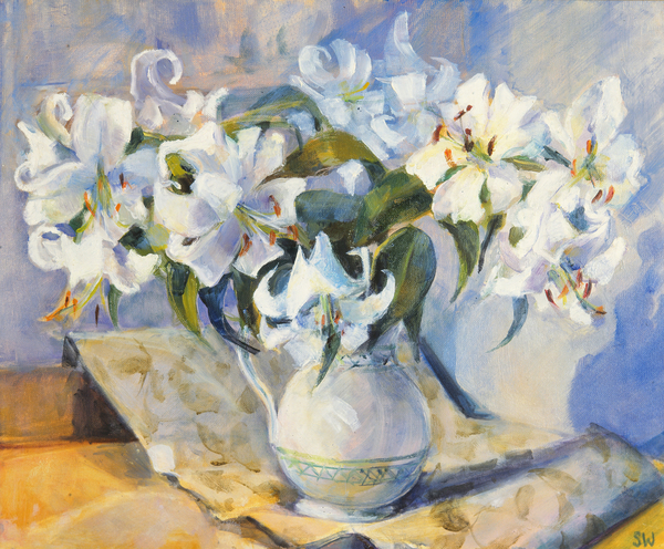 Lilies in white jug von Sue Wales