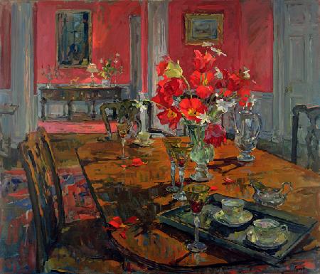 Tulips in a Red Dining Room