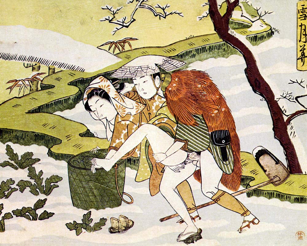 Shunga (Erotischer Holzblockdruck) Aus der Serie "Setsugekka" (Schnee, Mond and Blume) von Suzuki Harunobu